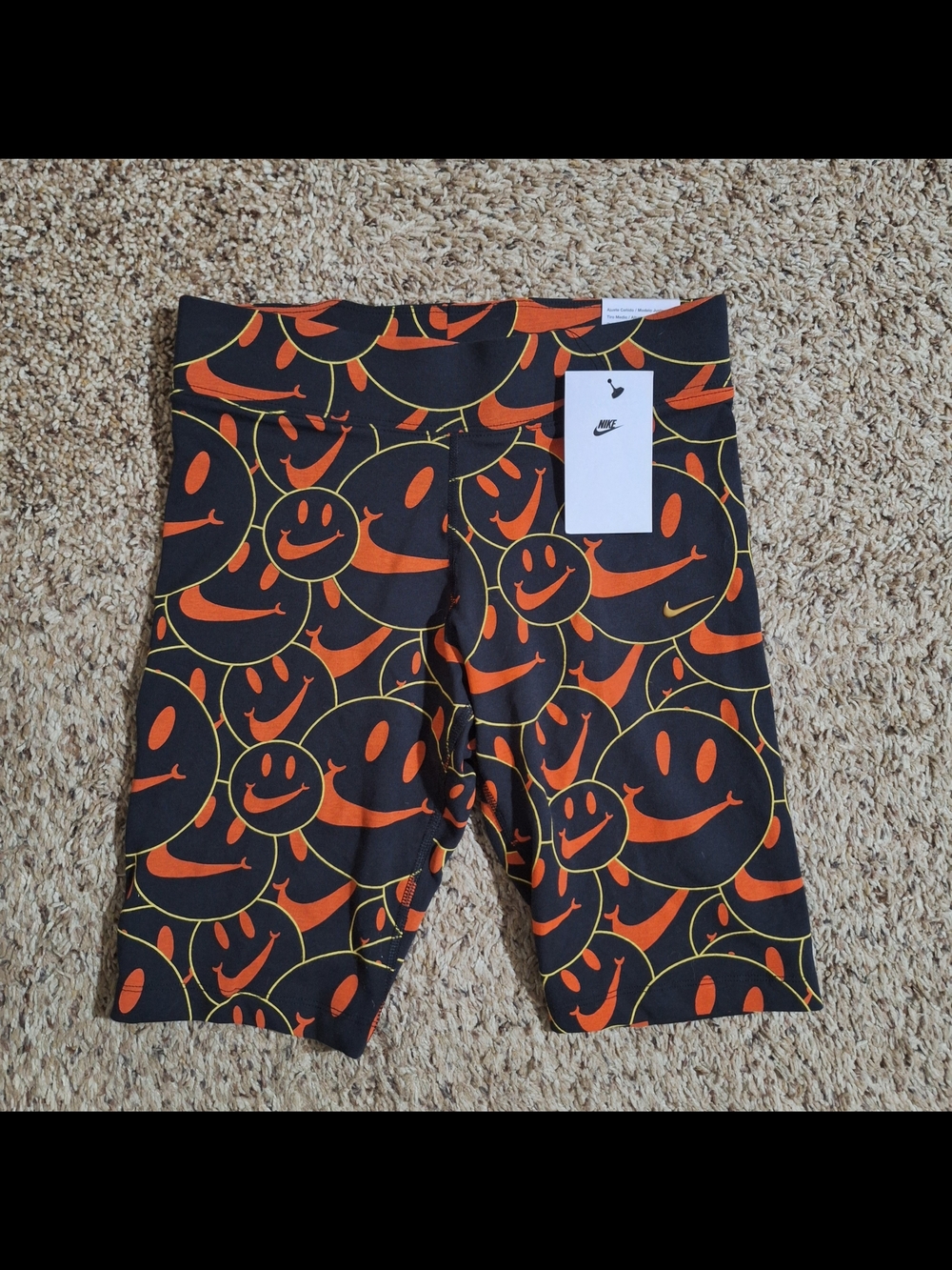 Nike NWT Black Orange Smiley Face Swoosh Bike Shorts Size S